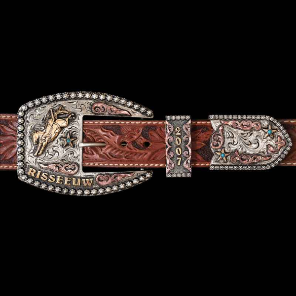 This beautiful 3 Piece Buckle is a perfect trophy buckle for any rodeo event. The Wilmington Classic is crafted on a hand engraved, German Silver base. Detailed with Copper scrolls, a berry edge and Jeweler's Bronze lettering. 

You can customize 